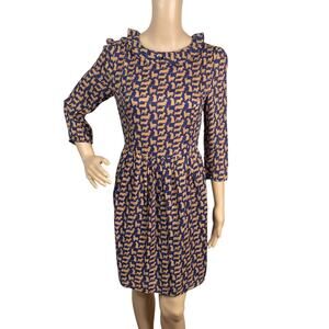 Vtg Y2K Sisley Blue Tan Dog Print Collared Shirt Dress SZ XS